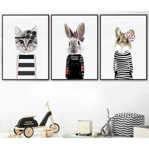 Flower Lady Cat Rabbit Rat Girl Wall Art Cavas Painting Cartoon Nordic Posters And Prints Wall Pictures For Kids Room Decor