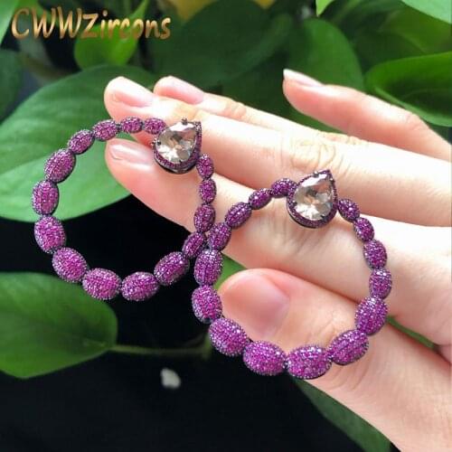 CWWZircons Micro Pave Hot Pink Cubic Zirconia Stone Black Gold Large Round Dangle Drop Earrings for Women Brand Jewelry CZ563