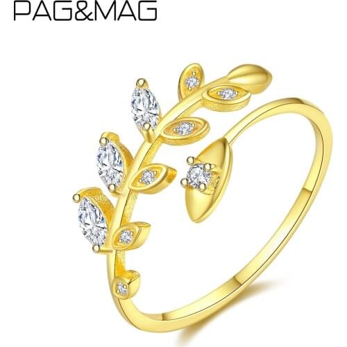 PAG&MAG 18K Gold Olive Leaves Sterling Silver 925 Finger Rings Dazzling CZ Zircon Real Silver 925 Ring Bijoux Femme SR0277