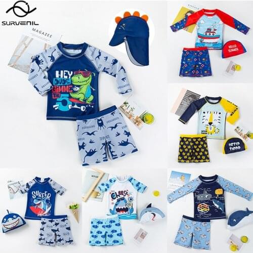 Baby Boy Swimwear 3 Pieces UV Protection Swimsuit Kids Long Sleeve Dinosaur Shark Print Summer Beach Pool Swimming Suit for Boys