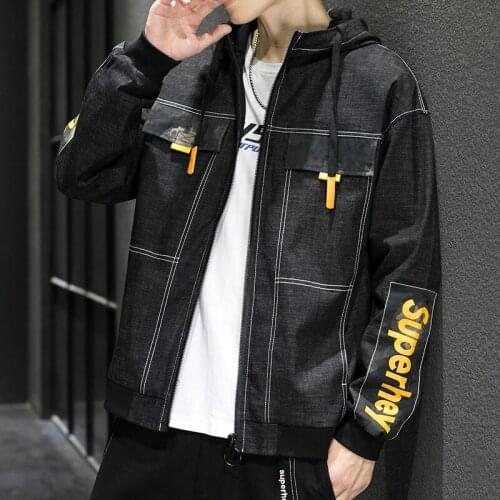 2021 Spring New Hooded Casual Denim Jacket Mens Fashion Printing Tide Brand Letters Mens Tooling Hoodies Chaquetas Hombre