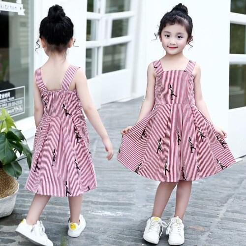 2019 New Summer Girl Knee-length Dress Baby Girls Cartoon Strap Dress Striped Clothes
