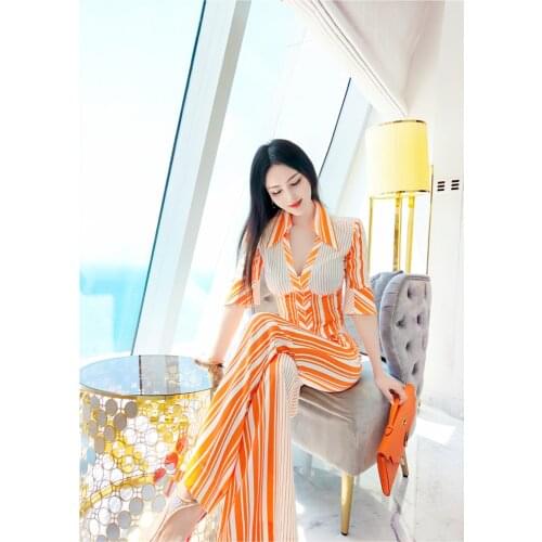 New summer and autumn office lady Fashion casual sexy brand female women girls short sleeve Striped shirt pants suits sets