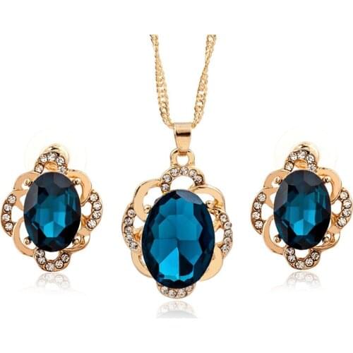 Oval Black Blue Sections Rhinestone Golden Flower Lace Full Clear Crystal Elegant Necklace & Earrings Jewelry Sets For Women