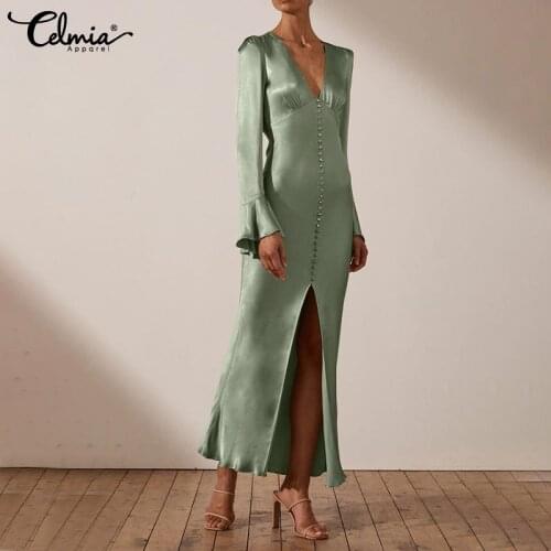 Celmia Elegant Satin Sexy V-neck Maxi Dress Women 2021 Autumn Vintage Silk Split Party Vestidos Buttons Flare Sleeve Long Robe
