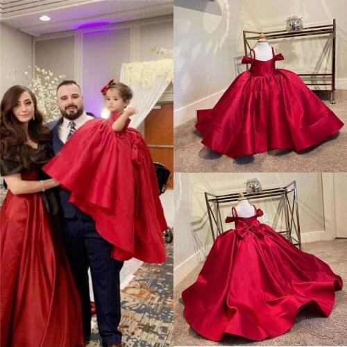 Red Stain Spaghetti Straps Flower Girls Dress For Wedding With Long Train First Holy communion Pageant Party Gown with Big Bows
