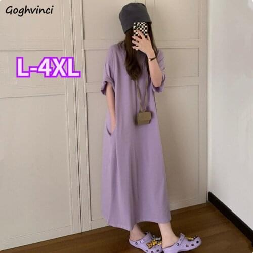 Dress Women All-match Side-slit Solid O-neck Oversize L-4XL Boyfriend Loose-waist Straight Cool Girls Ulzzang Female Ins Newest