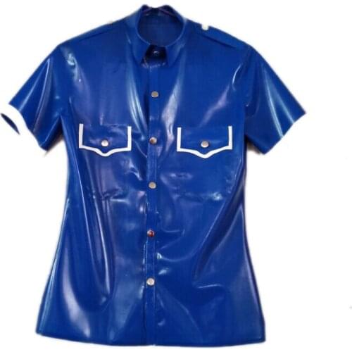 Casual front buttons design mens blue summer latex shirt with white trims decorations