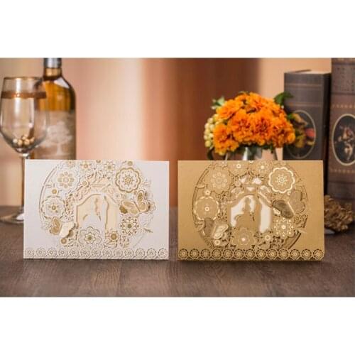 Wedding Invitations Customized 50pcs Laser Cut Bride and Groom Invitations Card Gold White Engagement Anniversary