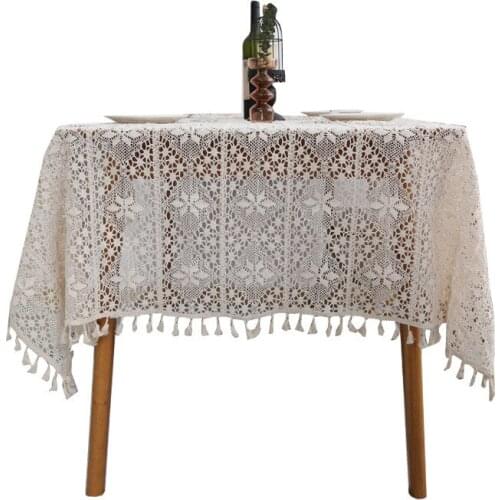 Simple Cotton Knitting Lace Hollow Out Table Cloth with Tassels for Home Hotel Party Wedding Dustproof The Piano Cover