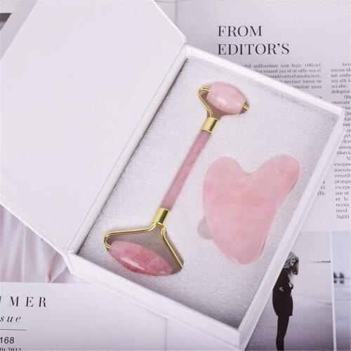 Pink Stone Face Roller and Gua Sha Board Gift Set Rose Quartz Gold Massage Roller for Facial Sliming Masssager