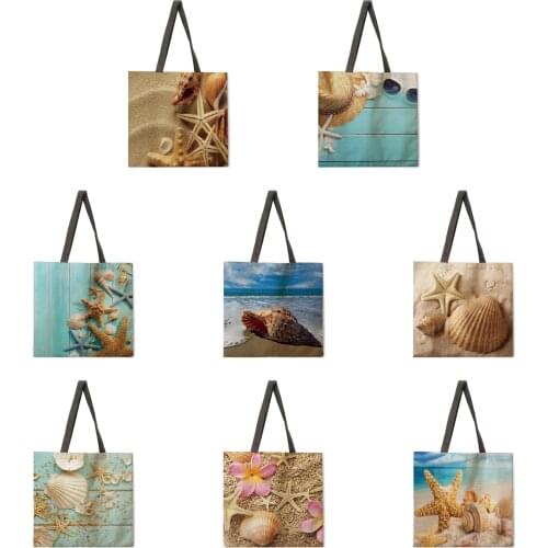 Ocean Shell Tote Bag Shoulder Bag Linen Fabric Casual Tote Bag Foldable Shopping Bag Reusable Beach Bag