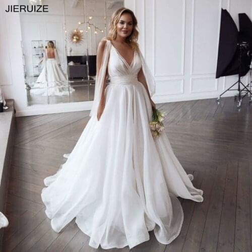 JIERUIZE White Wedding Dresses V Neck Backless With Ribbons Simple A Line Bridal Gowns Chiffon Wedding Gowns vestido de noiva
