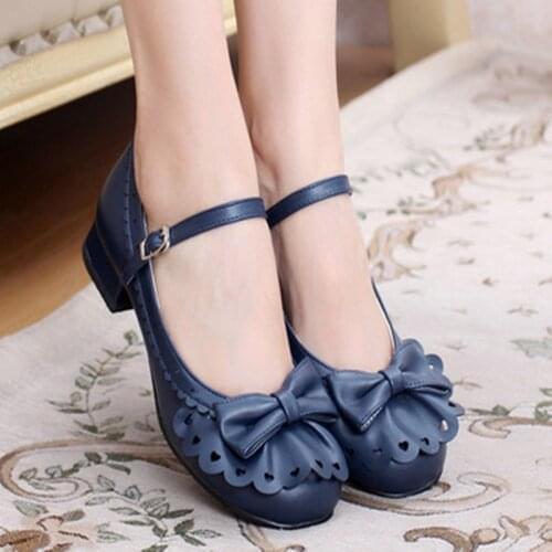Japanese lolita cute sweet princess jk round head lace shallow mouth low heel lolita womens shoes Bowknot Princess Kawaii Girl