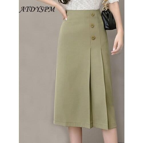 2021 Autumn New Office Lady Skirts For Women Elegant Korean Fashion A-Line Midi Skirts Buttons Pleated Casual Skirts Saias Mujer