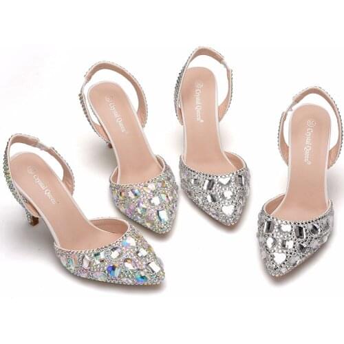 Crystal Queen 10CM Women Sandals Thin Heels Pointed Toe Shoes Silver Rhinestone Wedding Bridals Shoes Dress Party Eveing Pumps