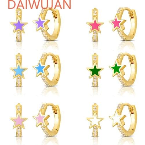 Gold Color Colorful Dripping Oil Star Pentagram Hoop Earrings For Women Mirco Pave Zircon 925 Sterling Silver Heart Pendientes
