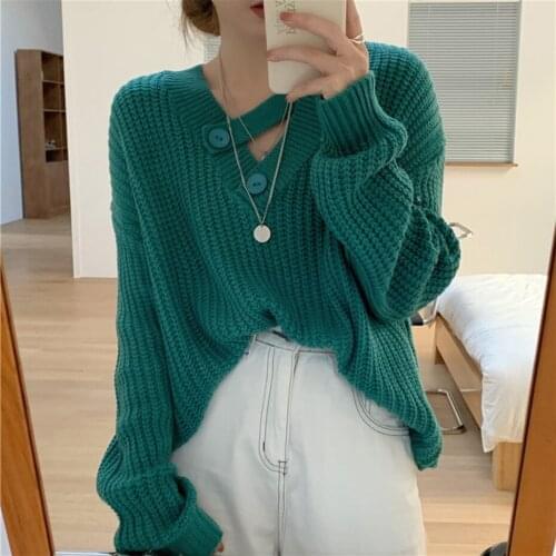 QoerliN Chic Apricot Knitted Sweater Women Casual Button V-Neck Pullover Sweater Femme Autumn Winter Retro Jumper Top Clothing