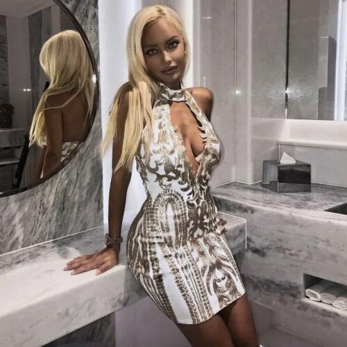 Dazzling Halter Geometric Gold Sequin Bandage Femme Dress Sleeveless Sexy Cut Out Mini Hourglass Party Dress For Women Vestidos