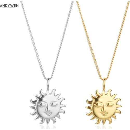 ANDYWEN 925 Sterling Silve Large SunFlower Smile Women Face Pendant Necklace Long Chain Women Fashion Fine Jewelry 2020 Jewels