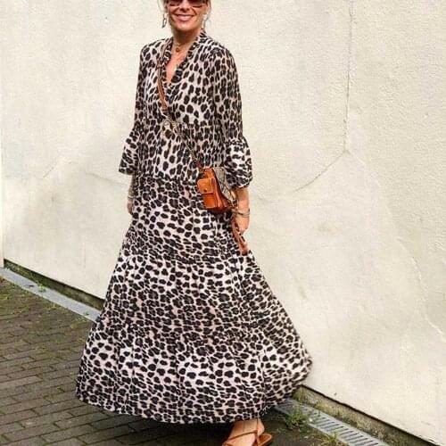Women Leopard Loose Long Dress 2021 Summer V Neck Long Sleeve Boho Party Vestidos WDC7413