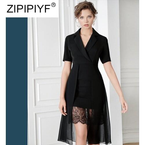 Solid Color The New Summer 2019 Slim Sexy Black Dress Fashion OL Lace Chiffon Patchwork Dress Elegant Women Notched Collar C1718