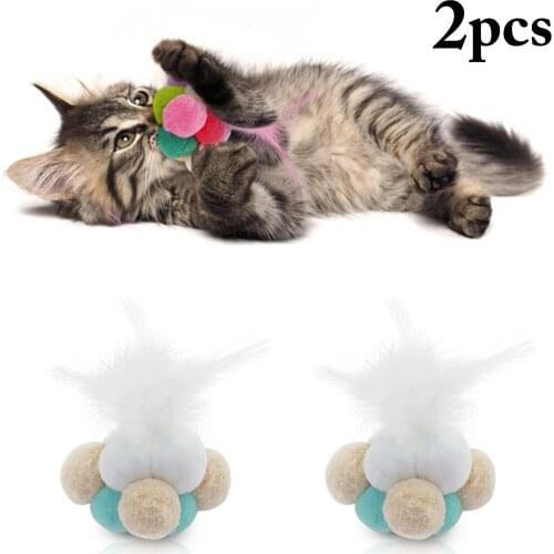 2pcs Pet Cat Toy Cat Ball Toy Plush Faux Feather Interactive Bell Cat Pompom Toy Cat Feather Toy Cat Playing Ball Toys