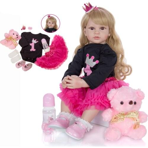 24 Inch Elegant Reborn Baby Girl Doll 60 cm Soft silicone vinyl limbs Gold curly wig princess toddler doll for kids gift toys