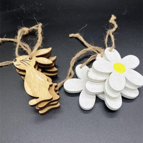 8pcs Happy Easter Wooden Eggs With Hemp Rope Bunny Rabbit Chick Wood Craft For Home Easter Party Hanging Decor Kid DIY Painting