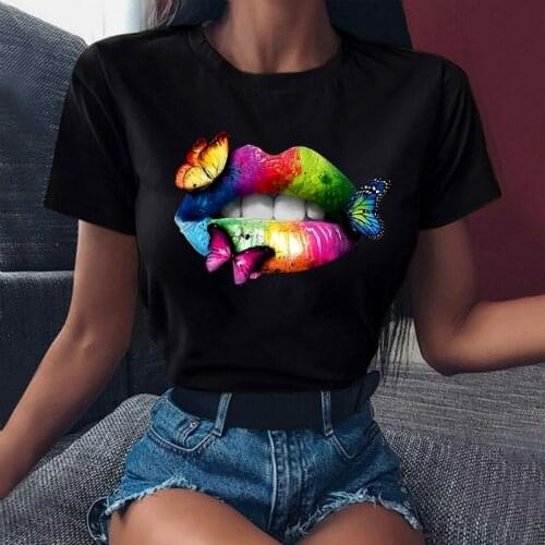 Funny Rainbow Lip and Butterfly T-shirts Women Summer Tops Graphic Tees Harajuku Short Sleeves T-shirt Fashion Tshirt Tee Female