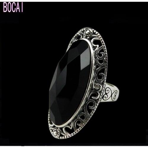 2019 new 100% real S925 pure silver jewelry natural black stone faceted carved pattern silver ring for Women new womens ring