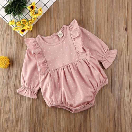 Cute Infant Newborn Baby Girls Cotton Bodysuits Princess Ruffle Dot Jumpsuits Long Sleeve Pink Kids Clothes Outfit Clothing