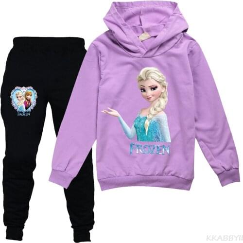 Disney Frozen Cartoon Girl Suit with Hoodie And Pants 2 Piece Spring And Autumn School Suit