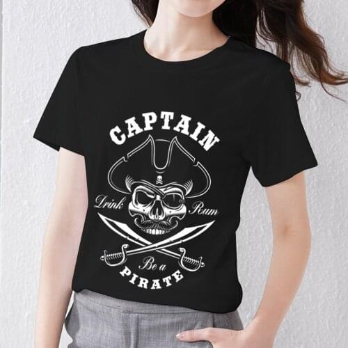 Summer Classic Womens Black T-shirt Gothic Pirate Skull Series Basic Print Short Sleeve Comfortable O-neck Ladies Commuter Top