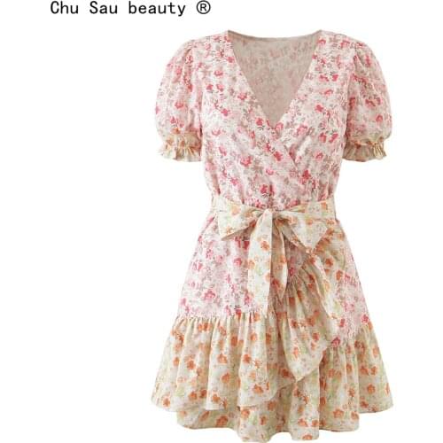 New Fashion Sweet Chic Floral Printed Mini Wrap Dress Women Summer Holiday Style V-neck Ruffles Dresses Female Vestido De Moda