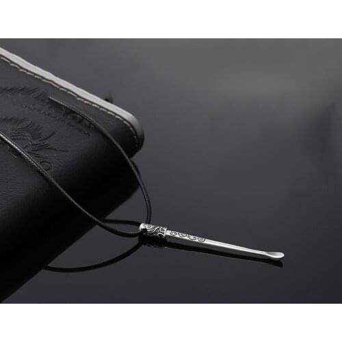 Fashionable Unisex S925 Retro Silver Plated Ear Picks Personality Trend Hip Hop PU Black Rope Necklaces X207