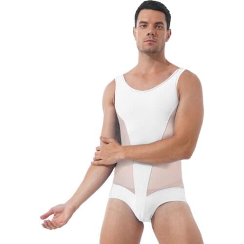 Mens Semi-see through Romper Leatord Sheer Mesh Patchwork Jumpsuits Sleeveless Bulge Pouch Bodycon Bodysuit Gym Sports Wrestling