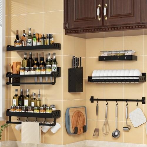 Punch-Free Wall-Mounted Spice Storage Rack Aluminum Frame Shelves Kitchen Household Multi-Function Hanging Organizer Shelf