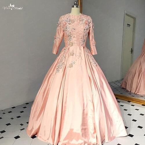 RSE912 Modest Long Sleeves Pale Mauve Luxury Colored Beaded Appliques Flower Abiti Cerimonia Pink Taffeta Ball Gown Prom Dresses
