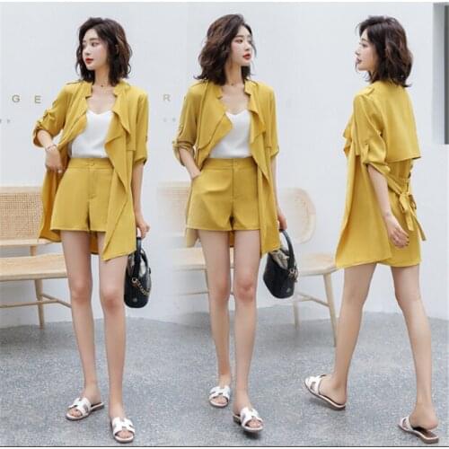 Chiffon Cardigan Lace Up Two Piece Set Womens Fashion Net Red Summer Thin Suit Ladies Black Long Jacket And Short Pants aq612