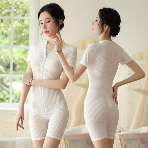 Sexy Underwear Black And White Tight-Fitting Slimming Ice Silk Striped Short-Sleeved Shorts One-Piece Suit