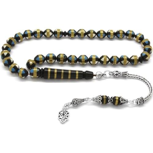 Tesbihane 925 Sterling Silver Tassels Blue Enamel Filled Brass Spiral Sphere Cut Kuka Rosary