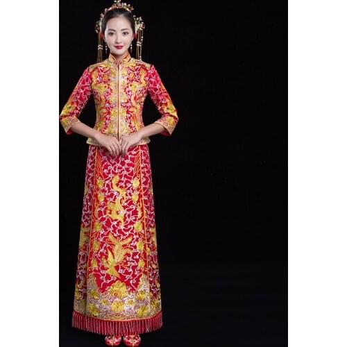 Chinese Traditional Wedding Dress Long Embroidery Dragon Phoenix Cheongsam Stylish Elegant Bride Vintage китайская одежда