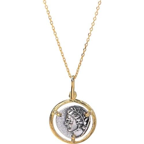 925 Sterling Silver Vintage Roman Coin Retro Silver Pendant Double Side Engraving Avatar Tag Multi-tone Gold Necklace