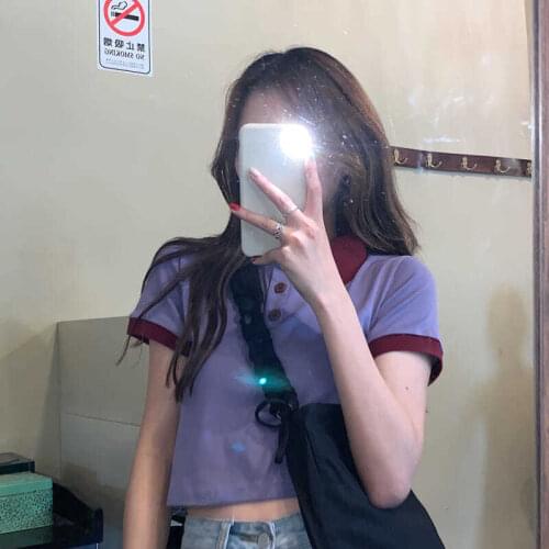 Womens Short-Sleeved T-shirt Polo Collar Preppy Style Contrast Color Knitwear Half-Sleeved Summer High Waist CropTop Short Top