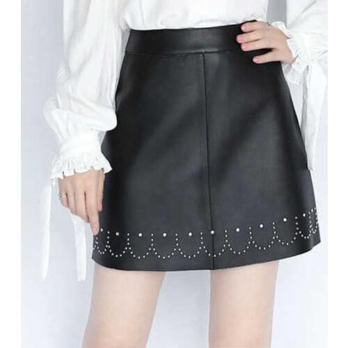 Womens Real Leather Skirt Sheepskin Sheep Genuine Leather 2021 Mini Skirt Women High Waist Luxury Beads Ladies Skirt Black White