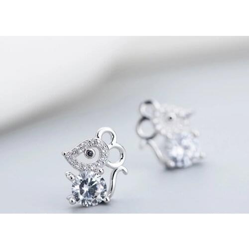 925 Sterling Silver Zircon Cute Mouse Stud Earrings For Women Wedding Jewelry Accessories Brincos Pendientes eh704