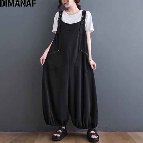 DIMANAF 2021 Summer Plus Size Women Jumpsuits Overalls Oversize Fashion Lady Long Pants Loose Casual Trousers Solid Black 6XL