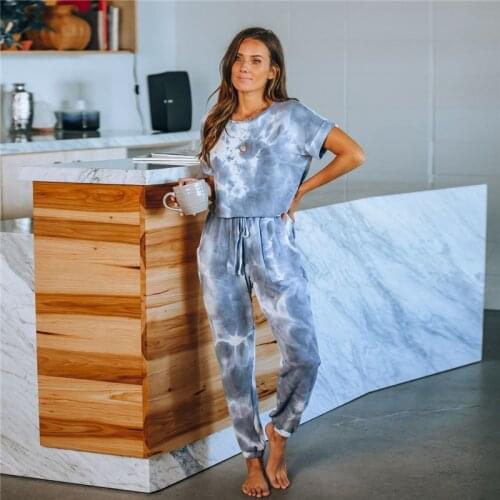 Cotton jumpsuit women summer 2020 tie dye home lounge wear outfits Casual O Neck Drawstring tie dye clothes Jumpsuits for women