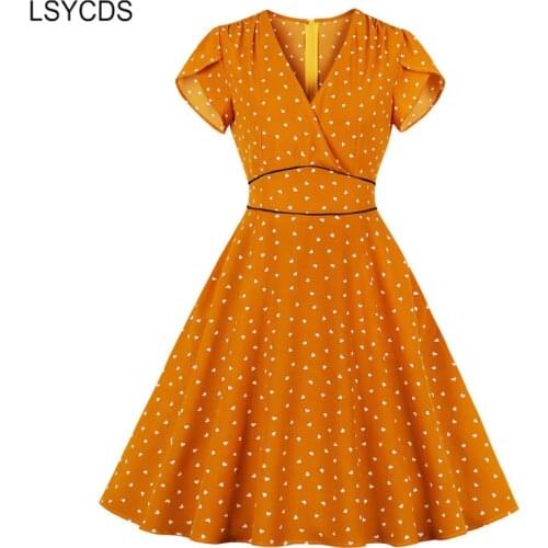LSYCDS Summer Dress Women Clothes V Neck 2020 Orange High Waist Little Heart Print Pocket Side Office Lady Elegant Dresses